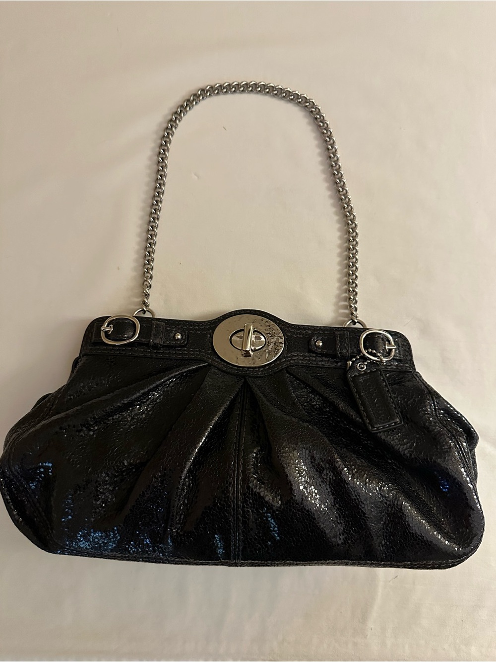 Coach Black Patent Leather Shoulder Bag with Silver Chain